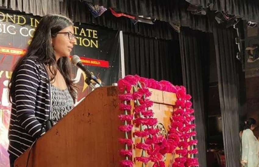 DWC chairperson Swati Maliwal speaking at a Satyuga Darshan Trust event | Picture: Instagram (@swati_maliwal)