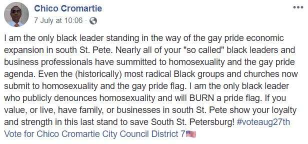 Chico Cromartie posts about being a 'black leader' who would burn a Pride flag